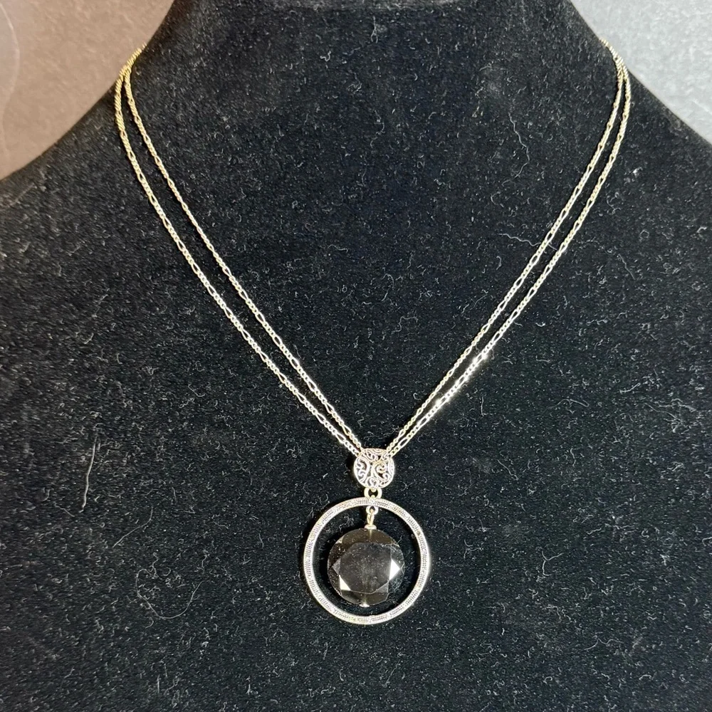Etienne Aigner Silver Tone Double Chain Pendant Necklace – Black Stone